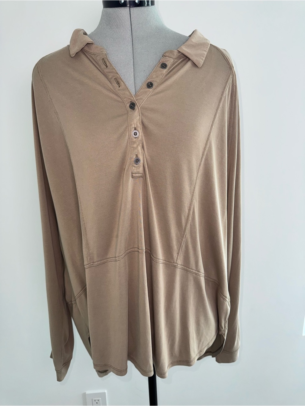 Free People Taupe Long-Sleeve Button Henley Top